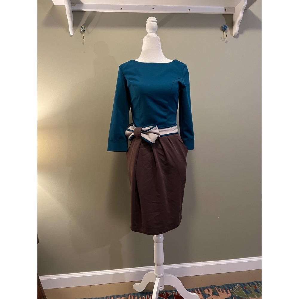 Bovona Teal and Brown Colorblock Bow Waist Sheath Dress 3/4 Sleeve Size 36
